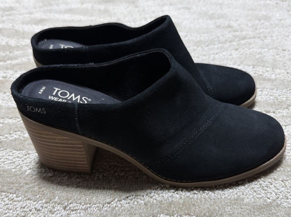 TOMS Leila Mule Clog Women's Size 9 Black Suede Block Heel Slip On Casual